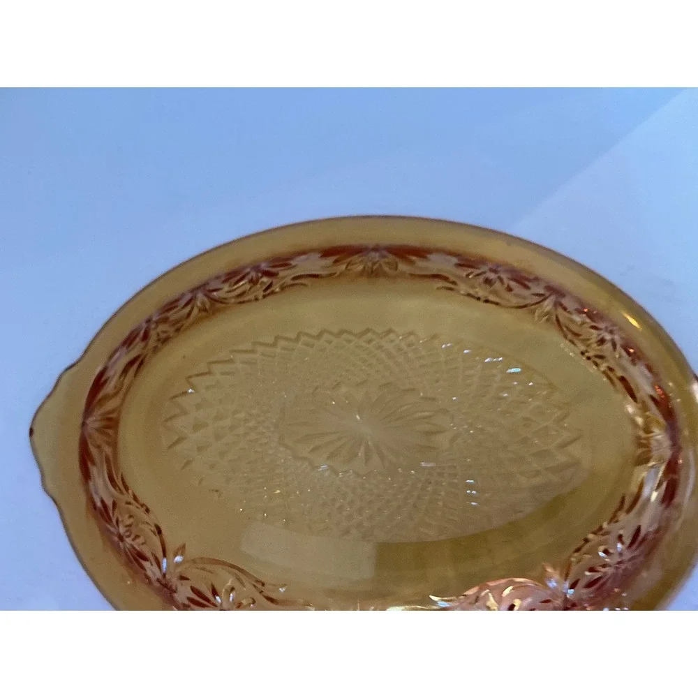 Tiara Vintage Amber  Glass Oval Serving Bowl Floral Pattern Sunburst Gold